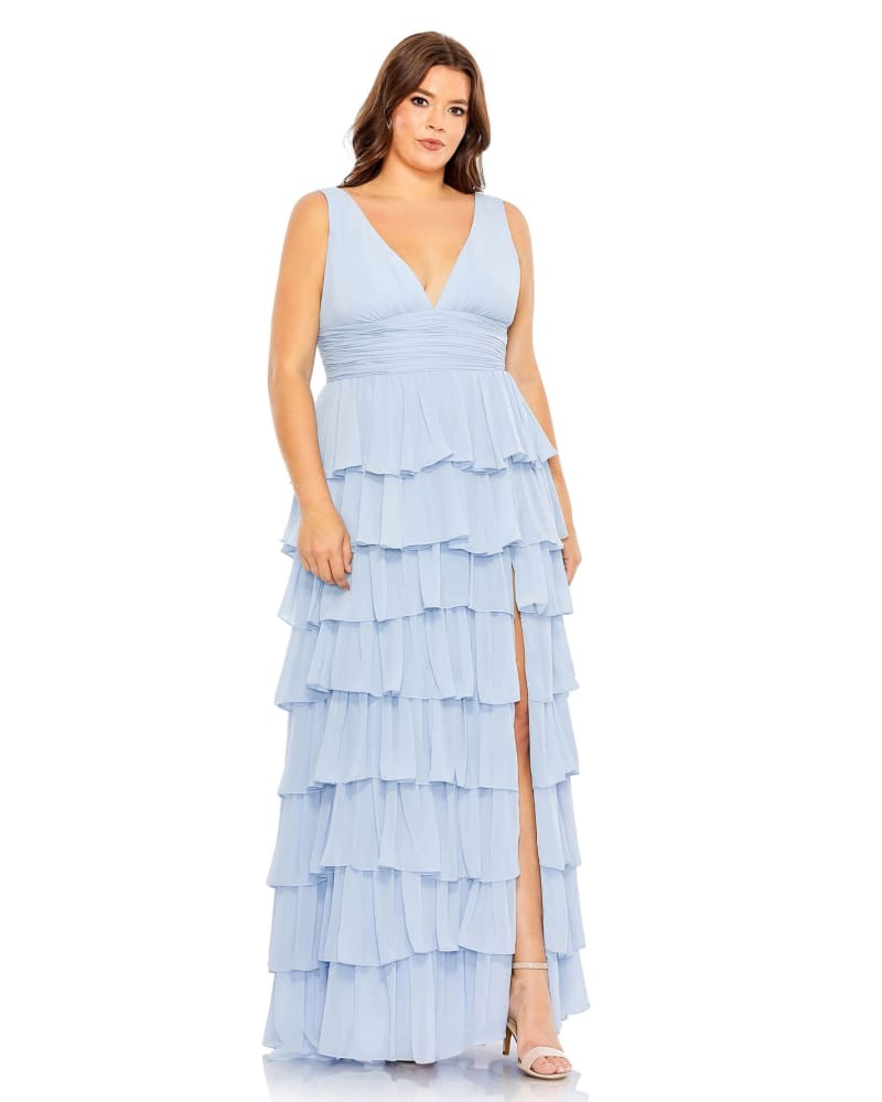 Front of a model wearing a size 14W Ruffle Tiered Sleeveless V Neck Gown in Powder Blue by Mac Duggal. | dia_product_style_image_id:290068